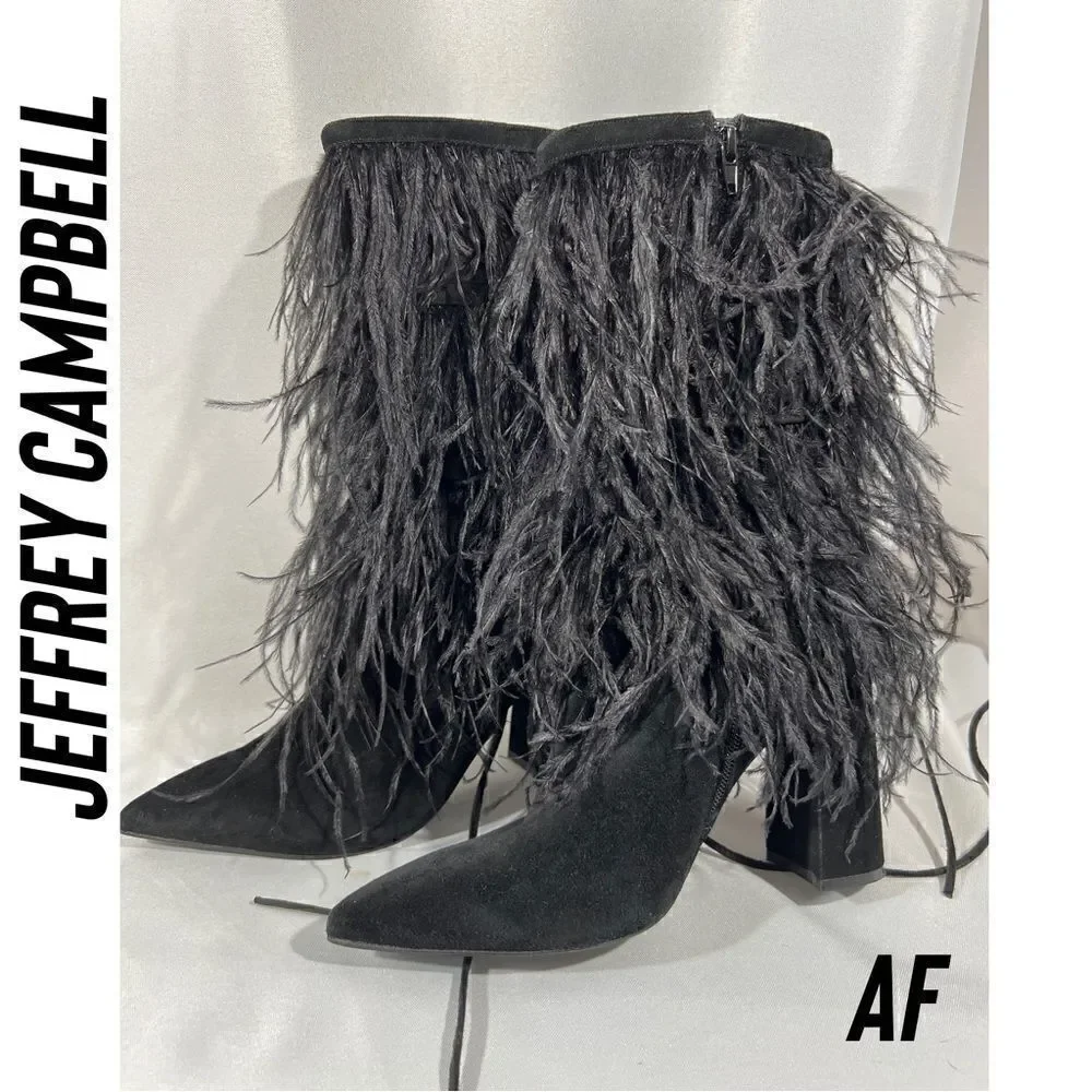 JEFFREY CAMPBELL SHAKE YA OSTRICH FEATHER BOOTS NEW BLACK - Picture 3 of 11